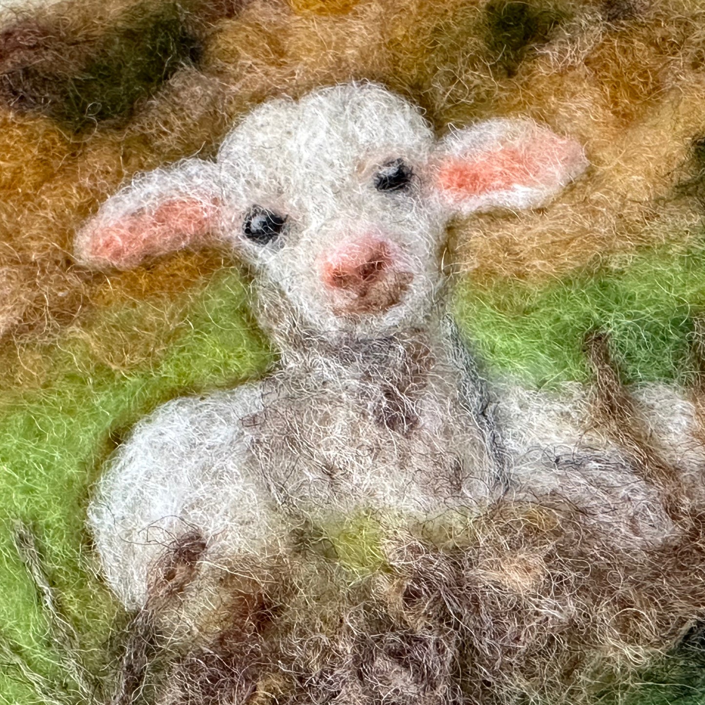 Needle Felted Wool Painting Little Lamb relaxing in the field