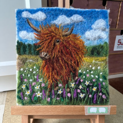 Needle Felted Wool Painting of Scottish Highland Cow