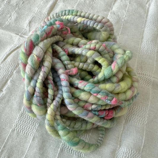 Hand Spun Art Yarn, SPRING BLOSSOMS Spiral yarn for weaving, knitting or crochet