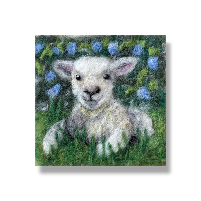 Needle Felted Wool Painting Little Lamb in Hydrangea Garden