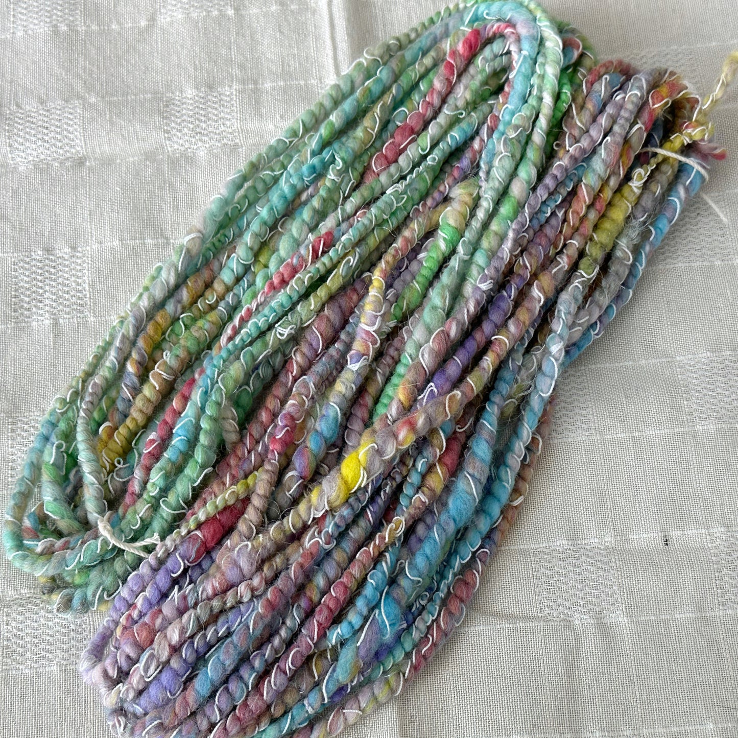 Hand Spun Art Yarn, JELLY BEANS Auto wrapped Spiral yarn for weaving, knitting or crochet