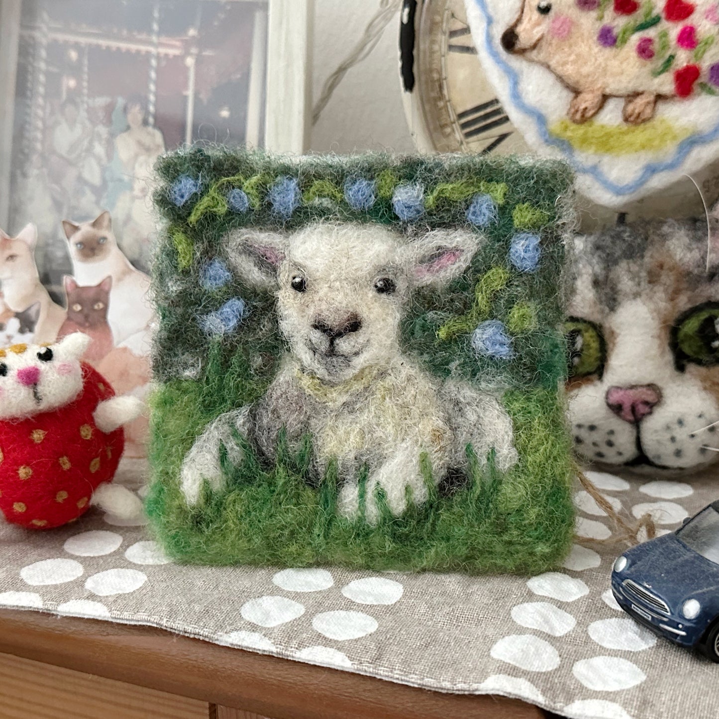 Needle Felted Wool Painting Little Lamb in Hydrangea Garden