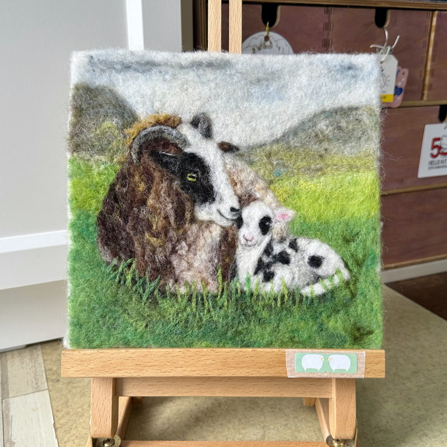 Needle Felted Wool Painting of an Ewe and Lamb