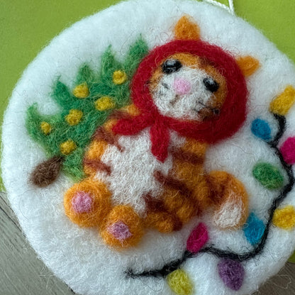 Needle Felted Christmas Ornament, Red Riding Kitty