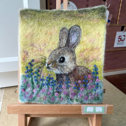 Needle Felted Wool Painting of a Floral Bunny Rabbit