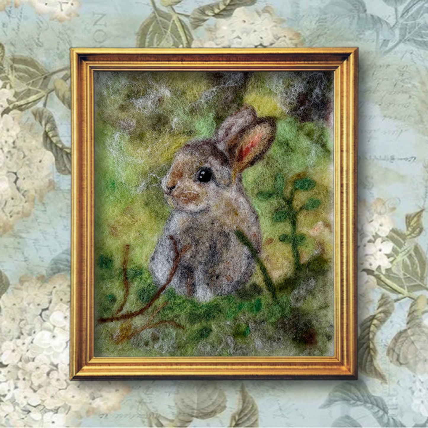 Needle Felted Wool Painting of a Little Cute Bunny Rabbit