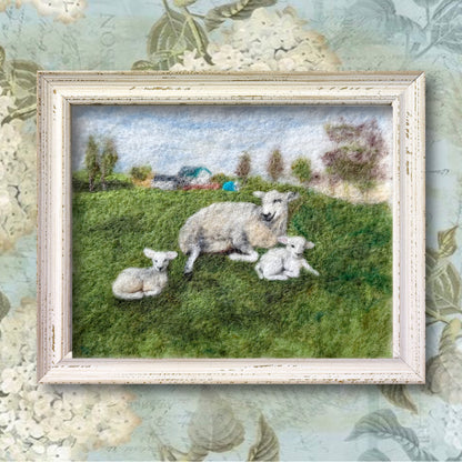 Needle Felted Wool Painting of Sheep Family