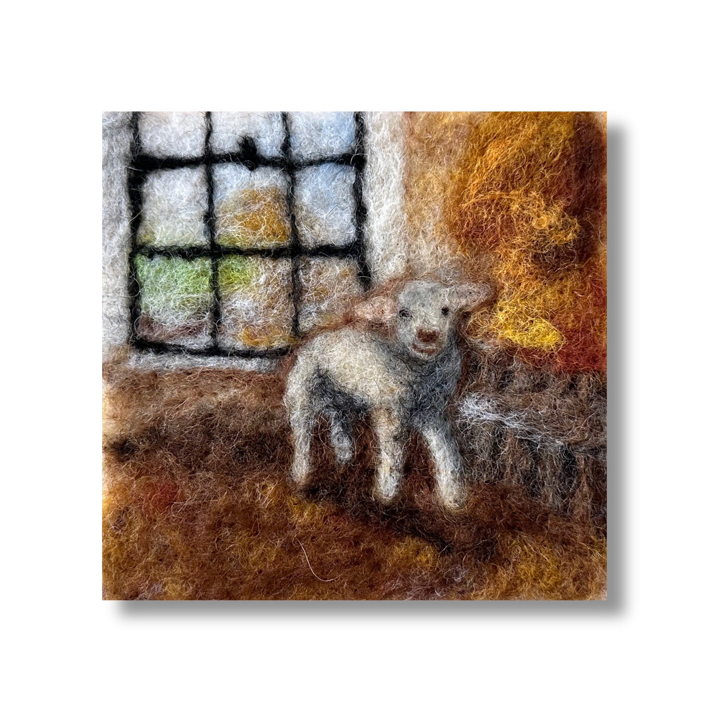 Needle Felted Wool Painting of Little Lamb in a Barn