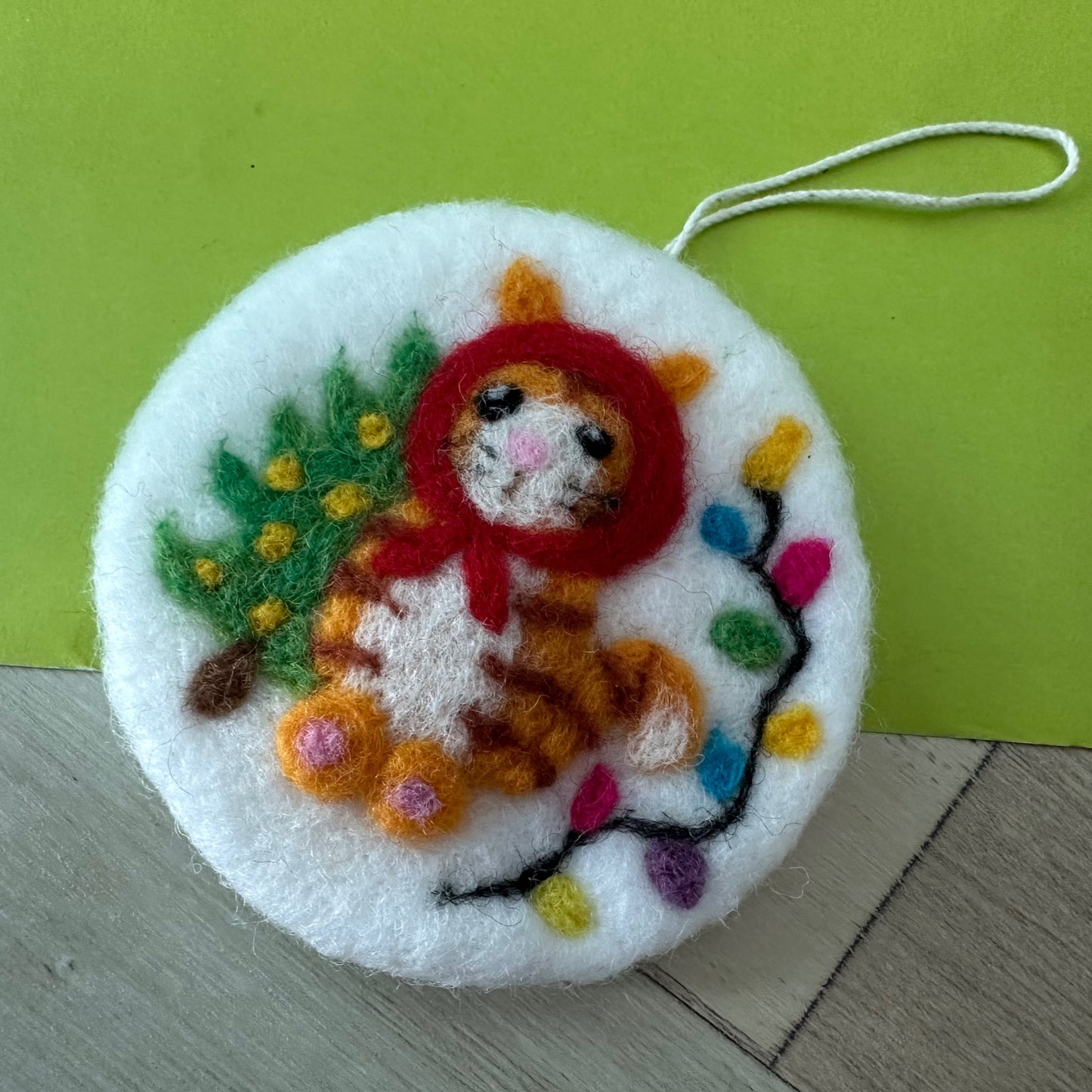 Needle Felted Christmas Ornament, Red Riding Kitty