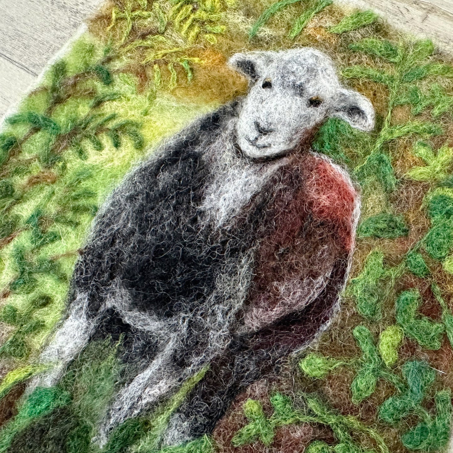 Needle Felted Wool Painting of a Curious Herdwick Sheep