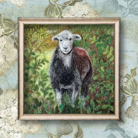 Needle Felted Wool Painting of a Curious Herdwick Sheep