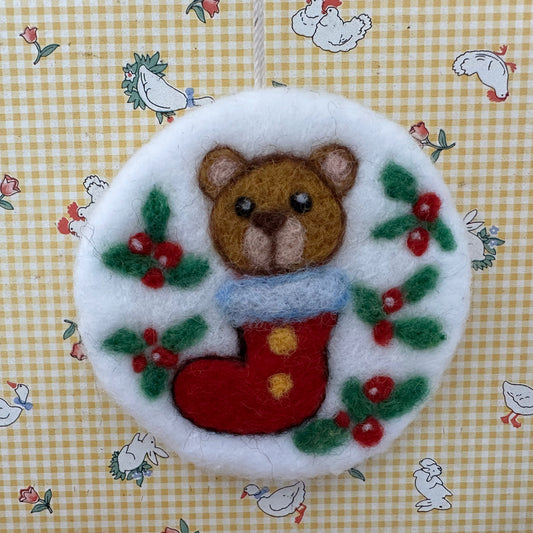 Needle Felted Christmas Ornament, Teddy Bear in Boot