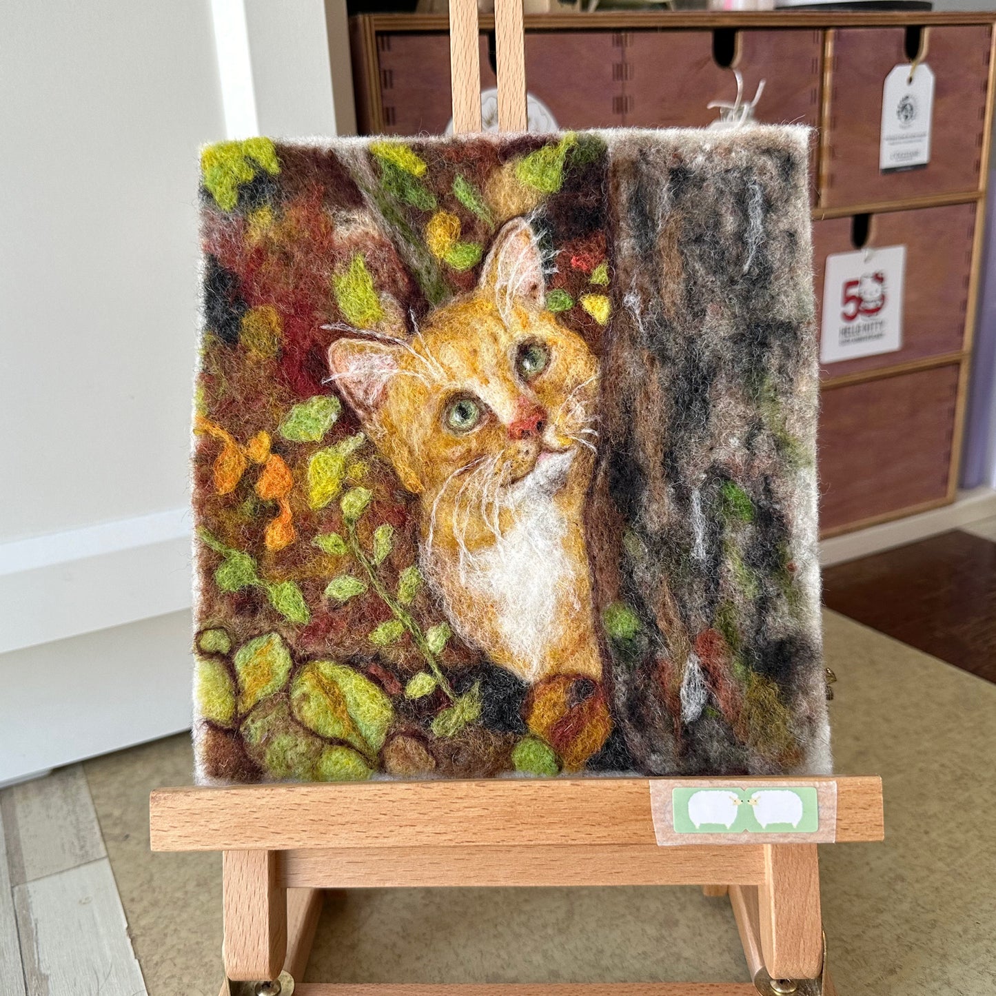 Needle Felted Wool Painting of Hide and Seek Ginger Cat