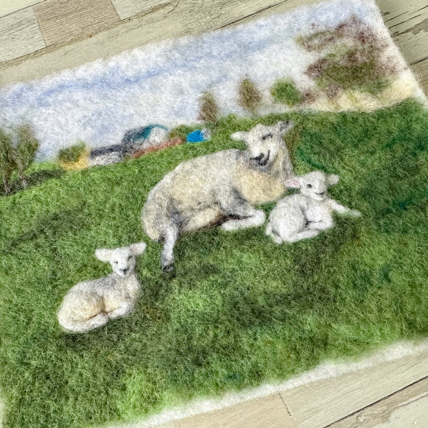 Needle Felted Wool Painting of Sheep Family