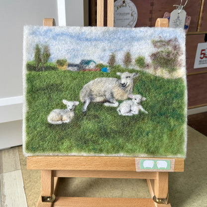 Needle Felted Wool Painting of Sheep Family