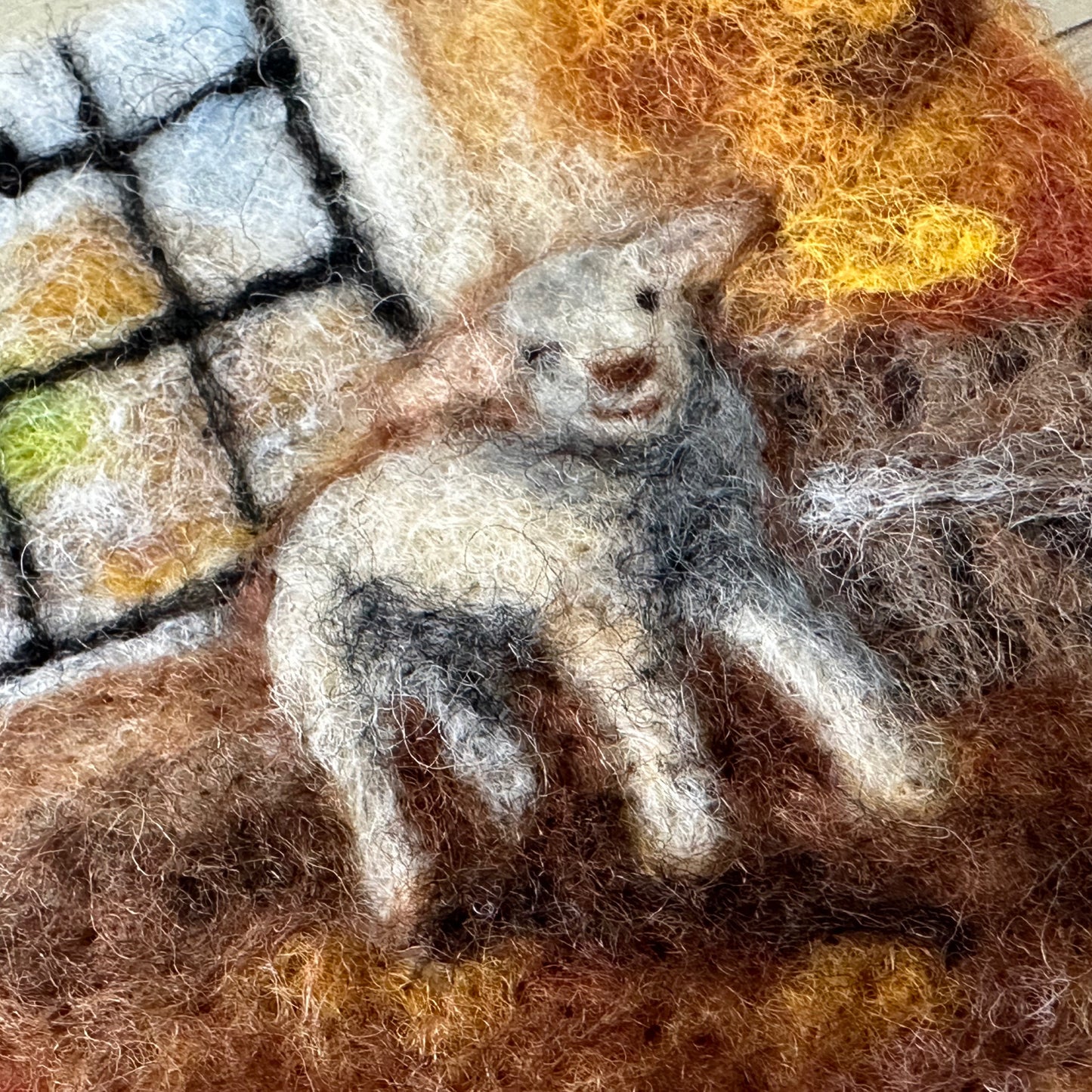 Needle Felted Wool Painting of Little Lamb in a Barn