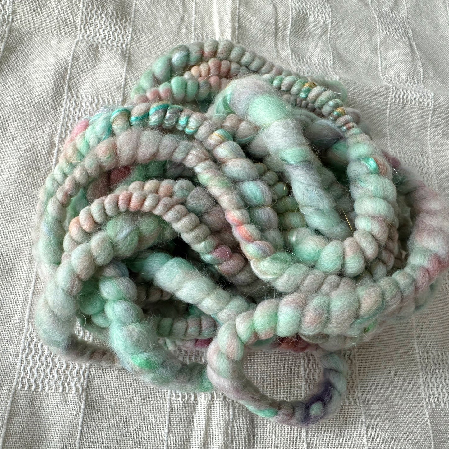 Hand Spun Art Yarn, PEPPERMINT GARDEN Core Spun for weaving, knitting or crochet