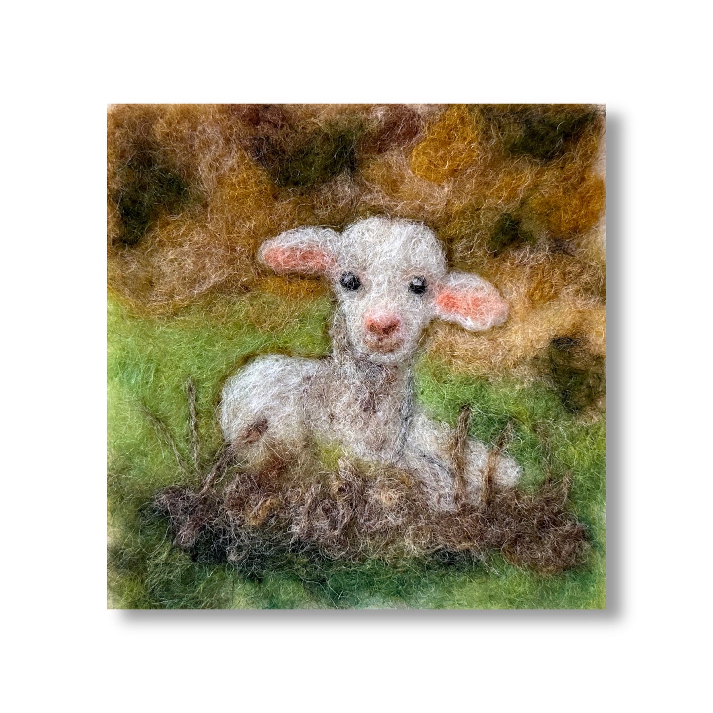 Needle Felted Wool Painting Little Lamb relaxing in the field