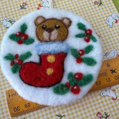 Needle Felted Christmas Ornament, Teddy Bear in Boot