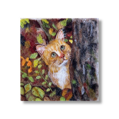 Needle Felted Wool Painting of Hide and Seek Ginger Cat