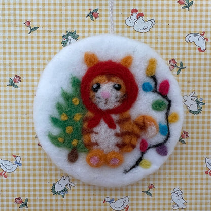 Needle Felted Christmas Ornament, Red Riding Kitty