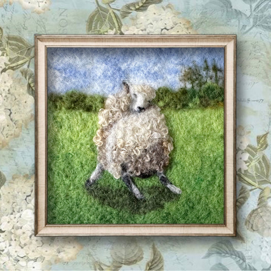 Needle Felted Wool Painting of a Fluffy Ewe Sheep