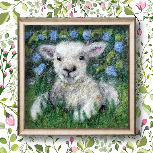 Needle Felted Wool Painting Little Lamb in Hydrangea Garden