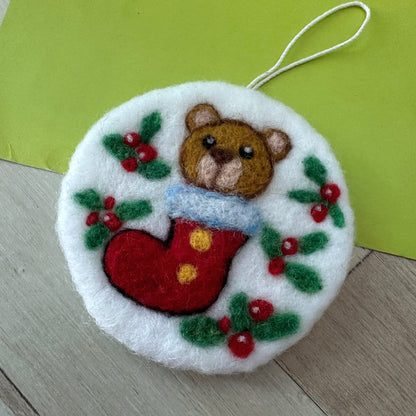 Needle Felted Christmas Ornament, Teddy Bear in Boot