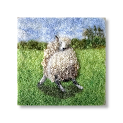 Needle Felted Wool Painting of a Fluffy Ewe Sheep