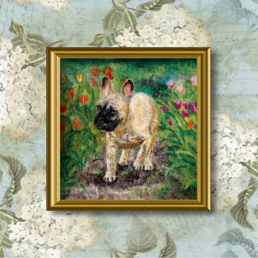 Needle Felted Wool Painting of a Cute French Bulldog, Wool Art