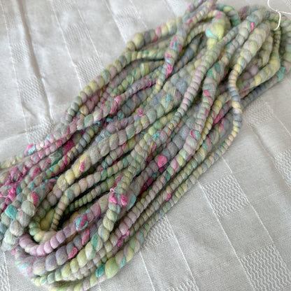 Hand Spun Art Yarn, SPRING BLOSSOMS Spiral yarn for weaving, knitting or crochet