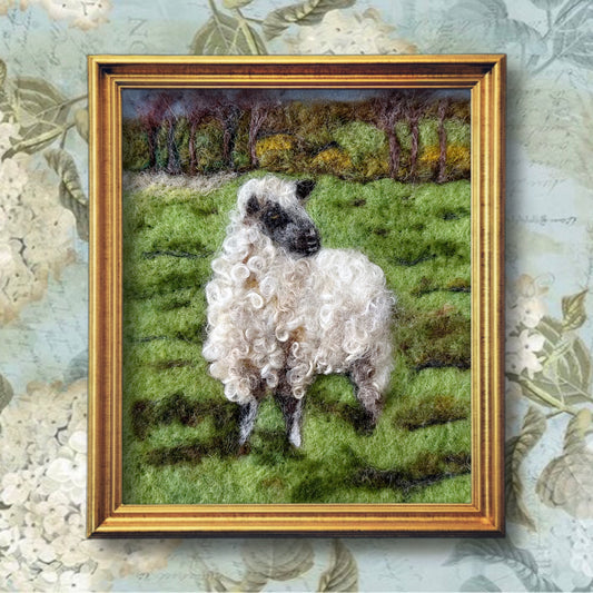 Needle Felted Wool Painting of a Wensleydale Sheep