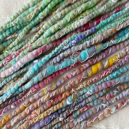 Hand Spun Art Yarn, JELLY BEANS Auto wrapped Spiral yarn for weaving, knitting or crochet