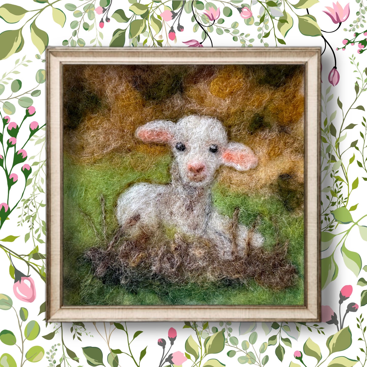 Needle Felted Wool Painting Little Lamb relaxing in the field