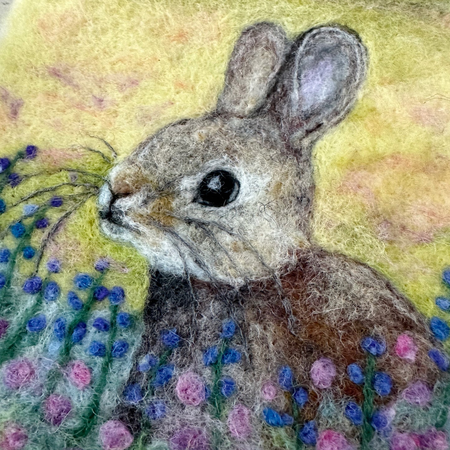 Needle Felted Wool Painting of a Floral Bunny Rabbit