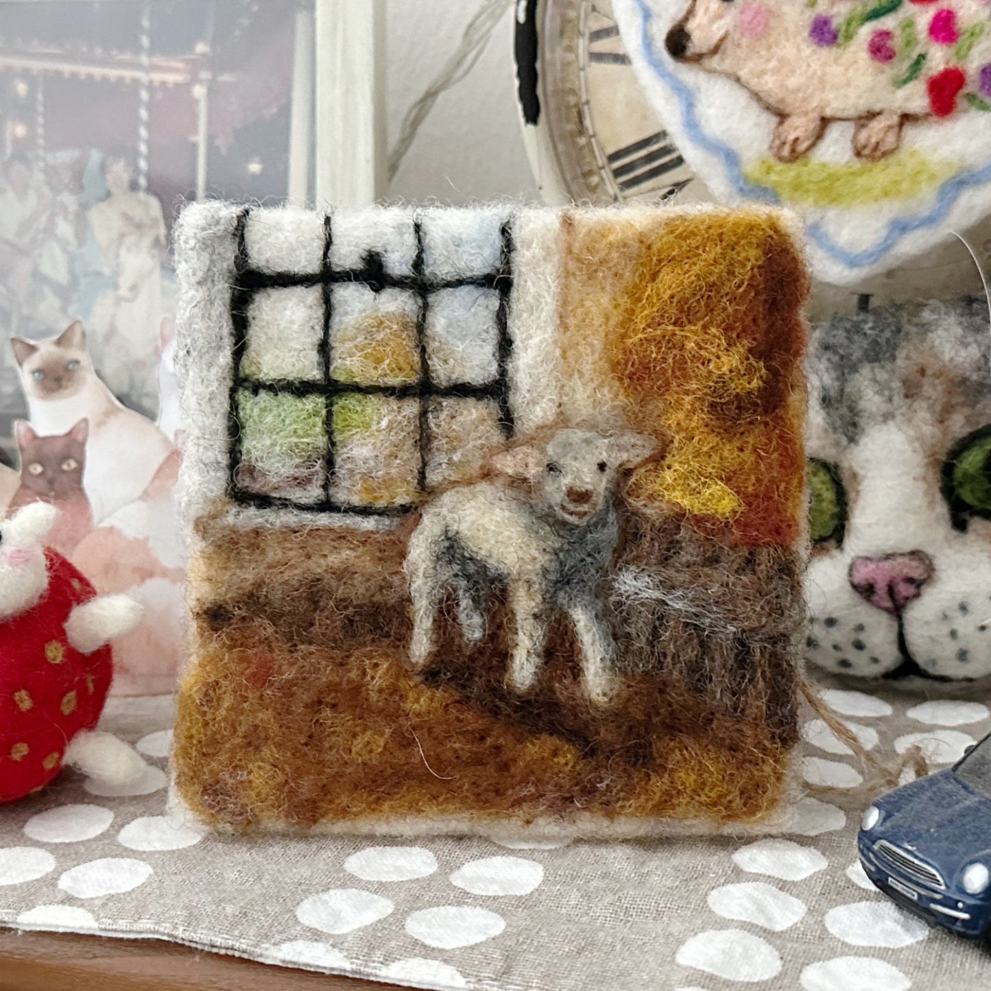 Needle Felted Wool Painting of Little Lamb in a Barn