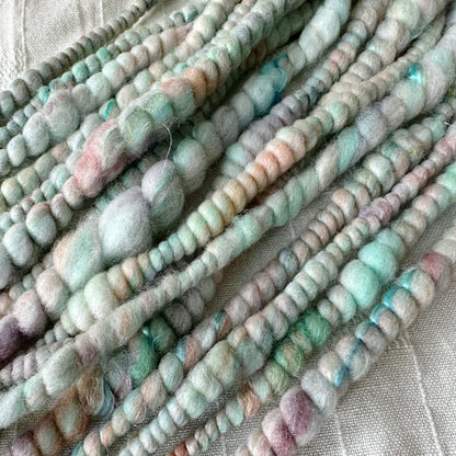 Hand Spun Art Yarn, PEPPERMINT GARDEN Core Spun for weaving, knitting or crochet