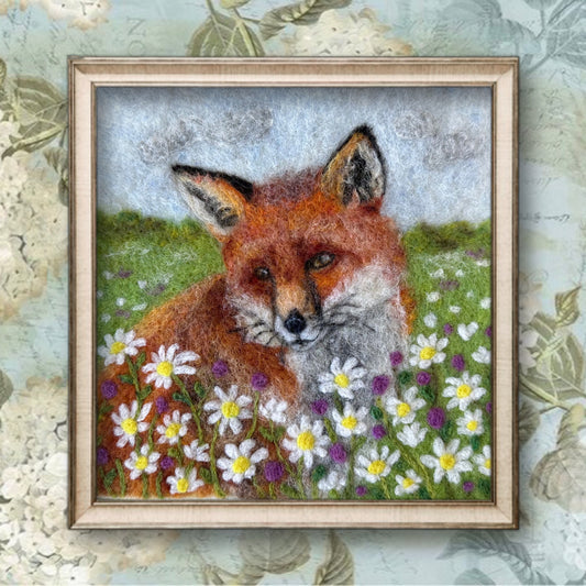 Needle Felted Wool Painting of Daisy Fox