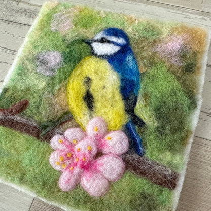 Needle Felted Wool Painting of a Blue Tit Song Bird