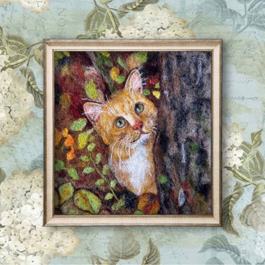 Needle Felted Wool Painting of Hide and Seek Ginger Cat