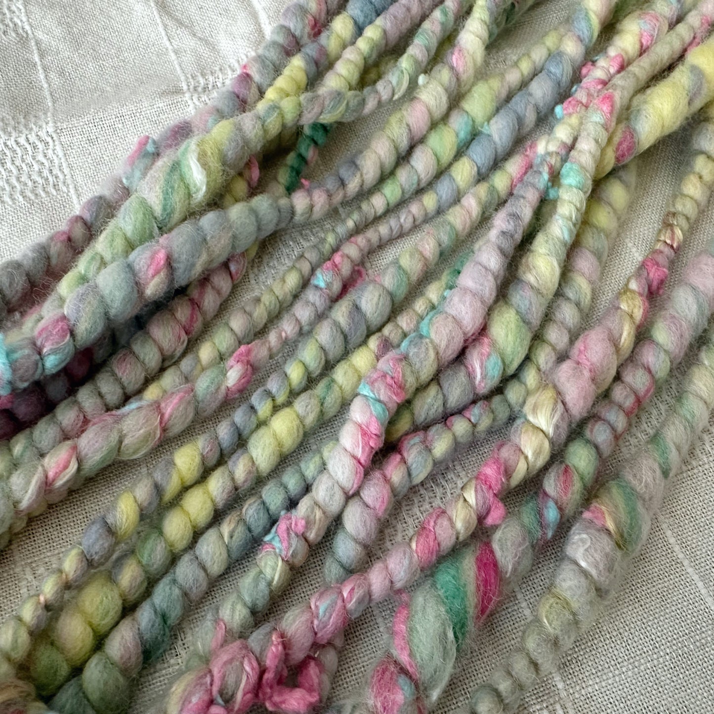 Hand Spun Art Yarn, SPRING BLOSSOMS Spiral yarn for weaving, knitting or crochet