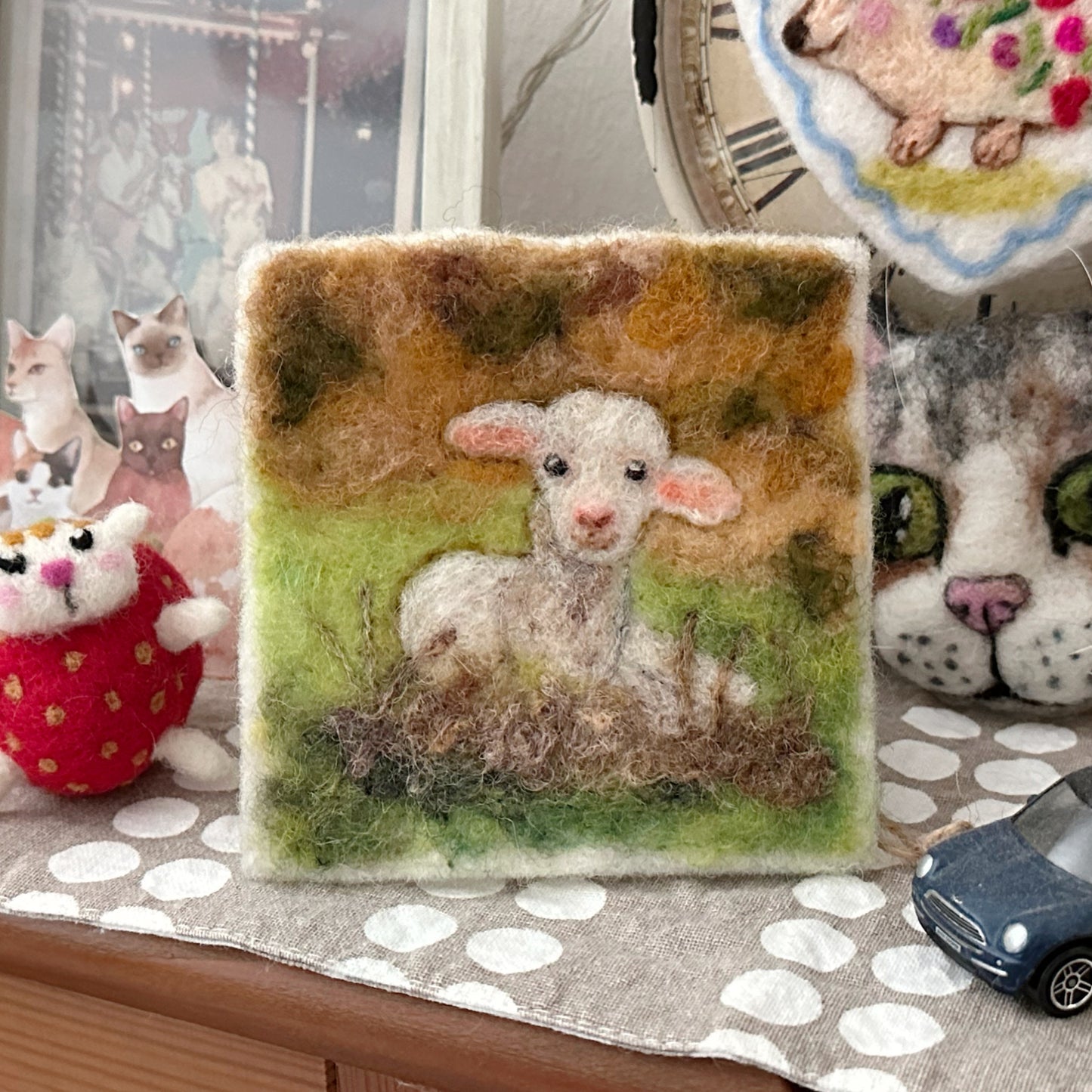 Needle Felted Wool Painting Little Lamb relaxing in the field