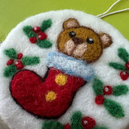 Needle Felted Christmas Ornament, Teddy Bear in Boot