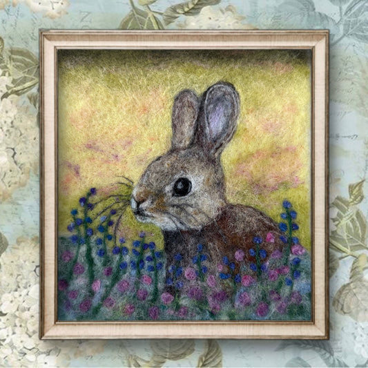 Needle Felted Wool Painting of a Floral Bunny Rabbit